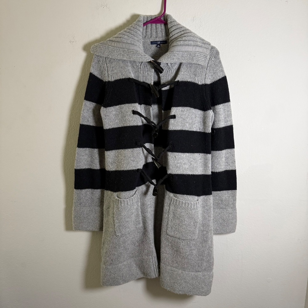 Gap Womens Grey Black Striped 100% Lambswool Toggle Longline Cardigan Sweater M